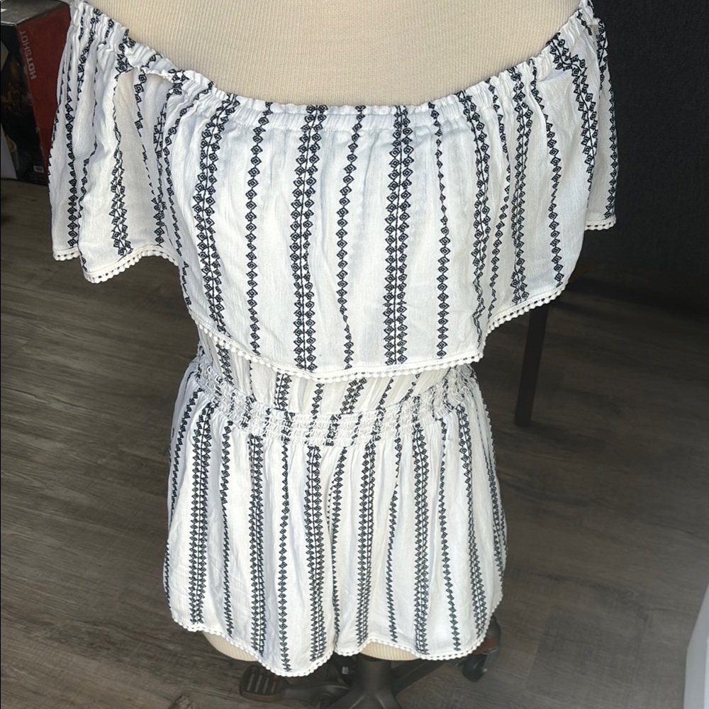 Off-Shoulder White and Navy Lulus romper